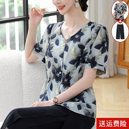 年轻妈妈夏装雪纺短袖套装上衣服中老年人女装夏季小衫新款两件套