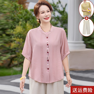 中年妈妈夏装棉麻短袖上衣开衫2026新款中老年女装新中式洋气套装