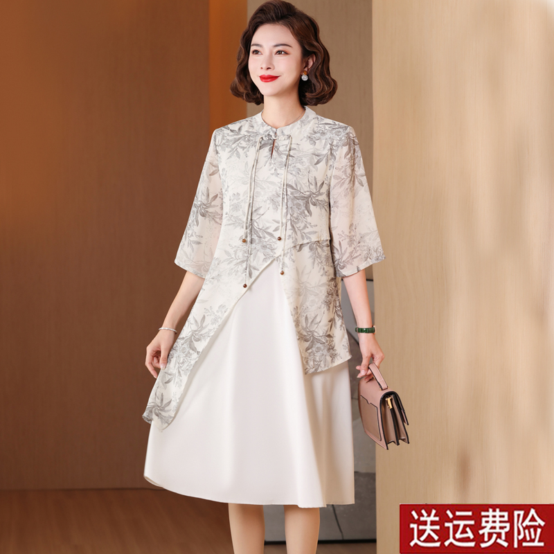 媽媽裝夏裝時尚短袖假兩件連衣裙