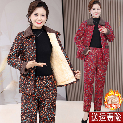 妈妈装冬季加绒加厚棉衣棉裤套装