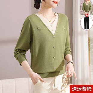 女装 妈妈春装 假两件洋气高贵小衫 中老年时尚 阔太太春秋单穿针织衫