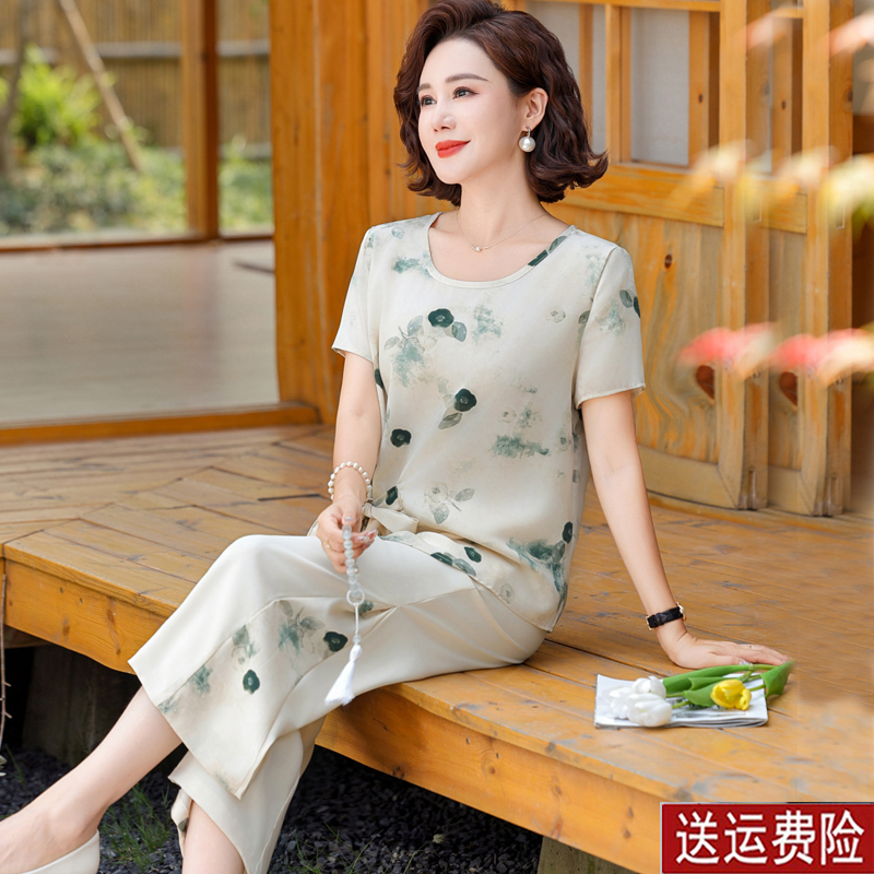 妈妈夏装套装2025新款雪纺小衫洋气短袖t恤中老年女装时尚上衣服