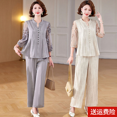 妈妈装夏装七分袖雪纺两件套纯色