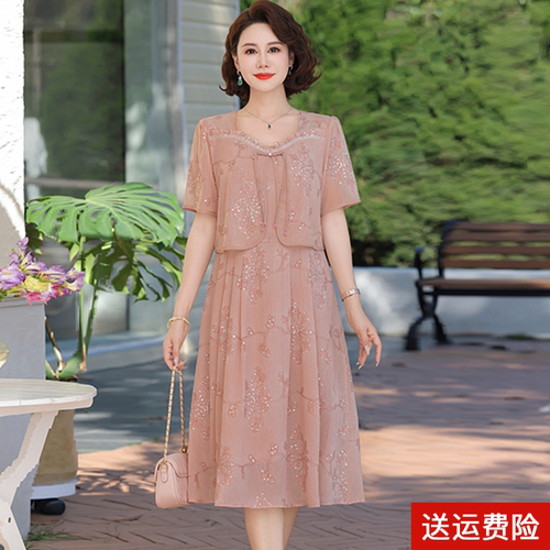 妈妈装夏季短袖时尚雪纺连衣裙女
