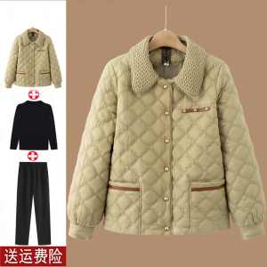年轻妈妈装翻领菱格短款棉衣秋冬新款洋气轻薄棉服外套中老年上衣