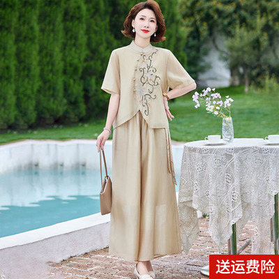 妈妈装夏短袖绣花棉麻绣花两件套