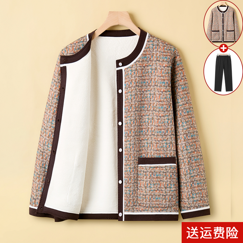 妈妈秋冬加绒加厚小香风针织外套