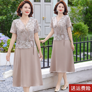 妈妈夏装假两件连衣裙母亲节新款洋气质中老年女夏季国风裙子显瘦