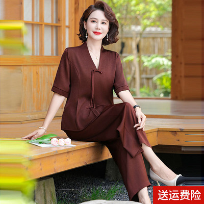 妈妈装夏装短袖国风纯色套装时尚