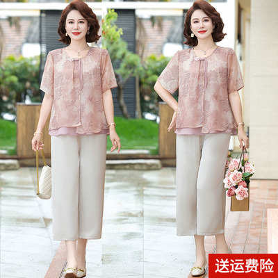 妈妈装夏装短袖国风两件套雪纺女
