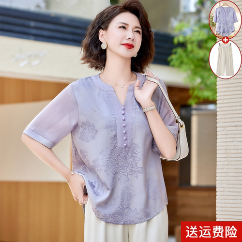 妈妈装夏季短袖绣花国风打底衫女