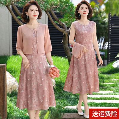 妈妈春夏七分袖雪纺两件套连衣裙