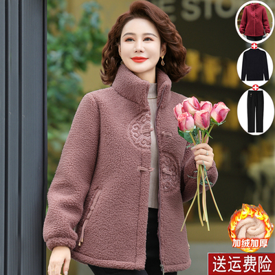 妈妈装冬季加绒加厚绣花棉衣外套