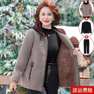 妈妈装冬季加绒加厚毛呢外套保暖