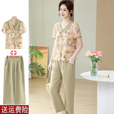 妈妈装夏装短袖雪纺两件套时尚女