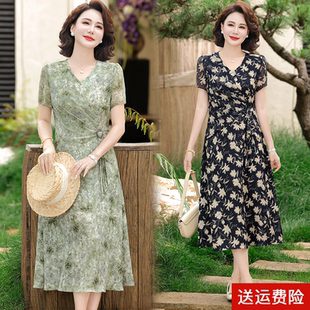 中老年女装妈妈收腰显瘦连衣裙2026新款夏季短袖中长裙子端庄大气