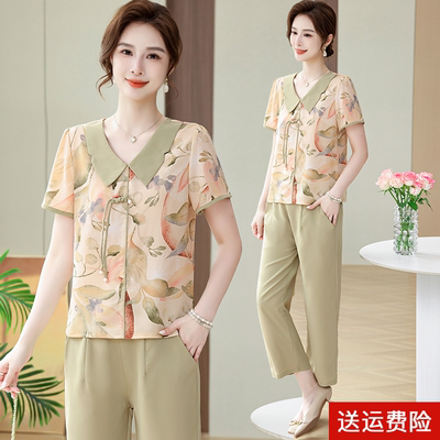 妈妈装夏季短袖时尚雪纺套装国风