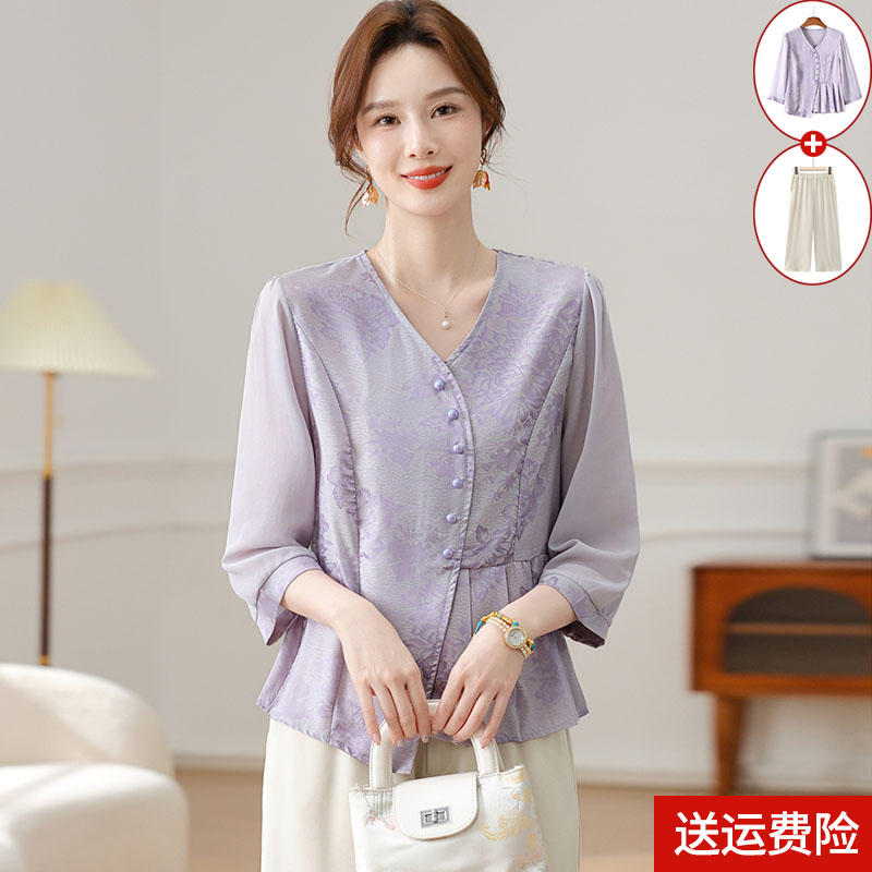 中年妈妈夏装七分袖衬衣套装2025新款洋气质中老年女装小衫两件套