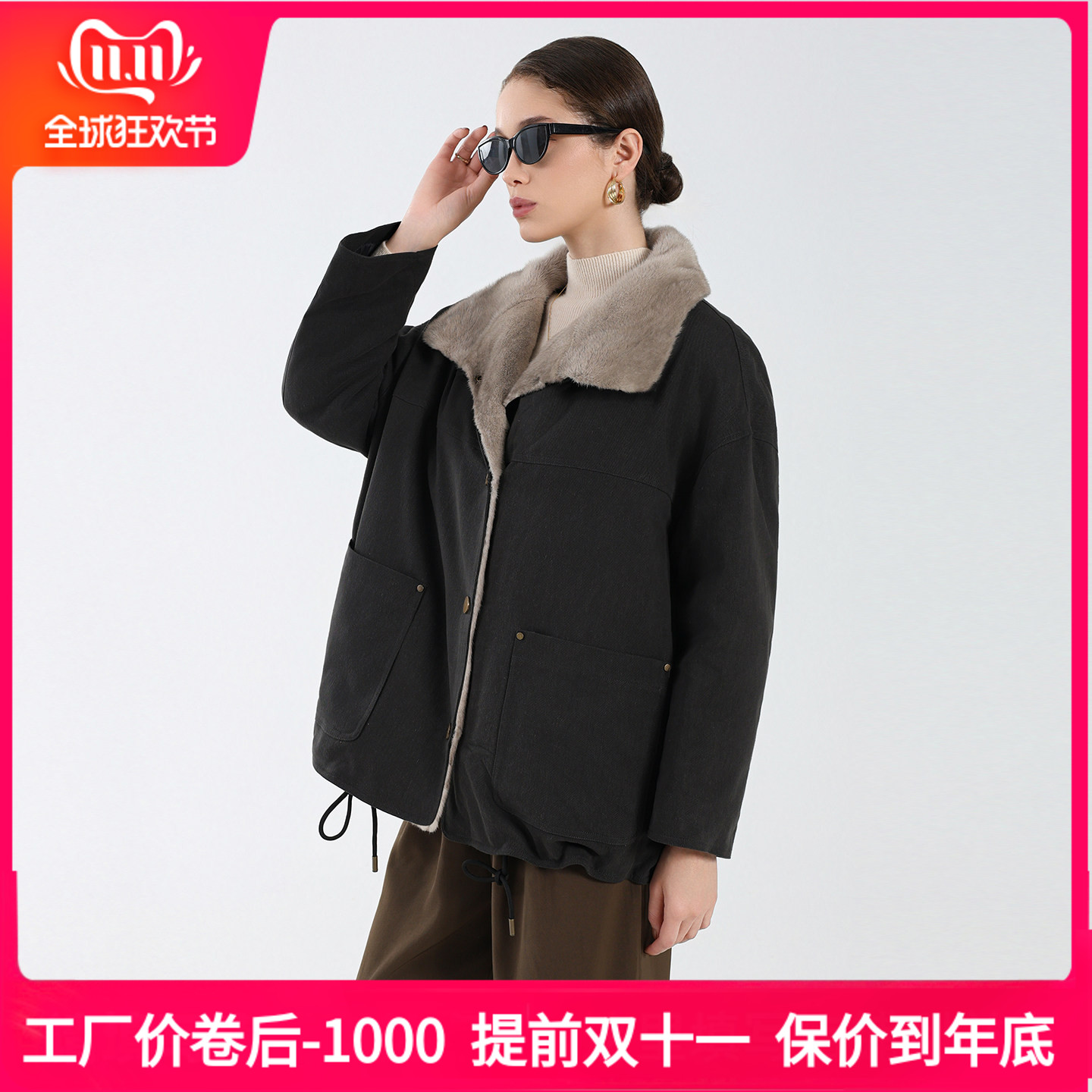 工装风可拆水貂毛领派克羽绒服女