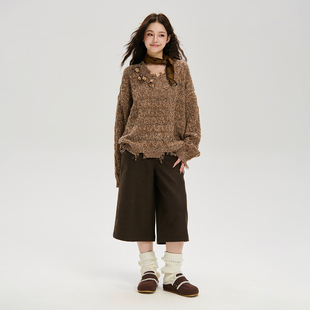 LOSTCTRL 秋季设计高级感不规则破坏小熊宽松混纺休闲毛衣上衣