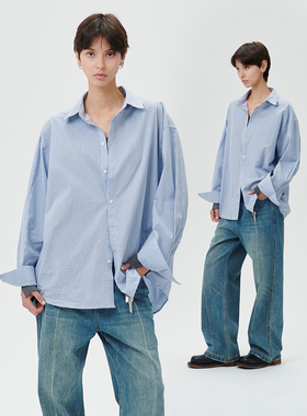 LOSTCTRL 2025秋季宽松慵懒风蓝色条纹翻领休闲长袖衬衫男女同款