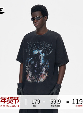 LOSTCTRL国潮美式洗水做旧战戈铁马印花短袖T恤男夏季宽松重磅