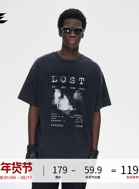 LOSTCTRL原创国潮美式复古做旧印花短袖T恤男夏季重磅宽松体恤衫