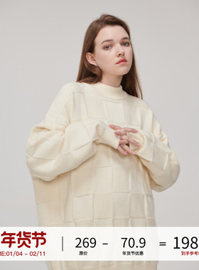 LOSTCTRL软糯慵懒风棋盘格毛衣男女秋冬宽松圆领情侣装格子毛衫