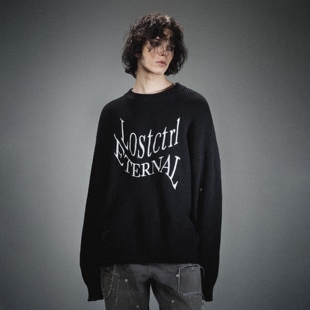 LOSTCTRL字母绣花毛衣男女秋冬新款圆领针织衫宽松慵懒风帽衫国潮