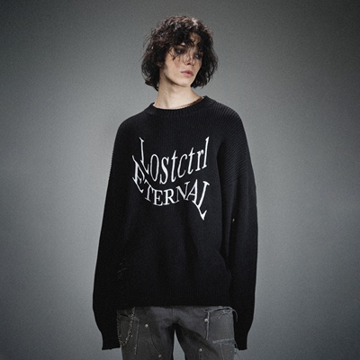 LOSTCTRL字母绣花毛衣男女秋冬新款圆领针织衫宽松慵懒风帽衫国潮