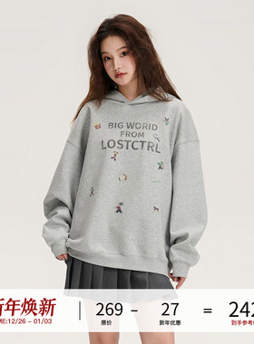 LOSTCTRL  秋季国潮牌美式复古男女同款宽松长袖情侣连帽衫卫衣