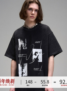 LOSTCTRL「际遇」国潮印花洗水重磅T恤男短袖夏季宽松圆领纯棉