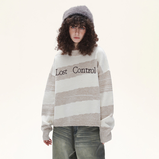 LOSTCTRL刺绣字母条纹毛衣男女秋季宽松潮牌圆领毛衫