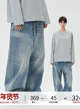 LOSTCTRL 美式复古泼墨破坏设计水洗直筒宽松廓形蓝色休闲牛仔裤