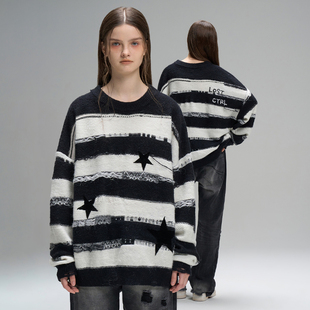 LOSTCTRL「黑夜星辰」星星贴布刺绣条纹毛衣男女同款秋冬针织衫潮