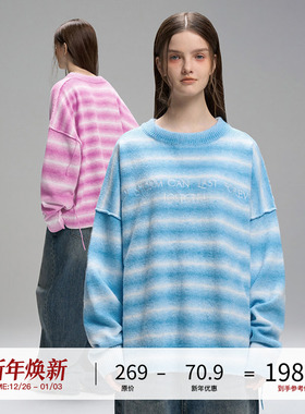 LOSTCTRL「蓝色海浪」流苏圆领条纹毛衣男女同款宽松套头针织衫潮