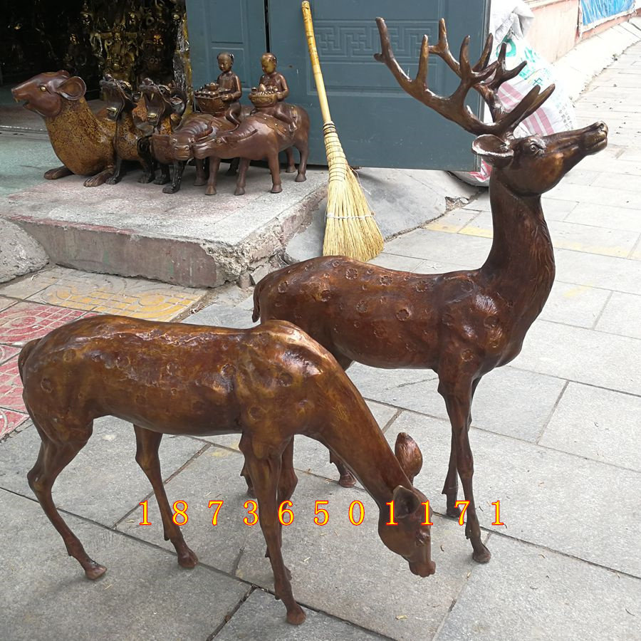 梅花鹿纯铜鹿一鹿发财梅花鹿路路发财一对铜器工艺品动物桌面摆件