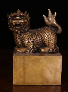 纯铜麒麟印神兽独角兽麒麟金印玉玺印章家居古玩收藏工艺品摆件