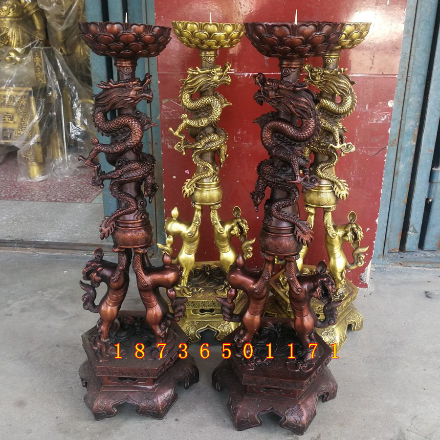 纯黄铜烛台中式蜡台铜莲花狮子蜡台盘龙烛台双龙摆件家用供佛大号