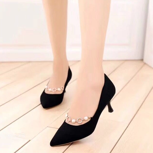 摩西米妮女鞋秋季新款真皮高跟鞋细跟浅口单鞋9056-18断码清仓38