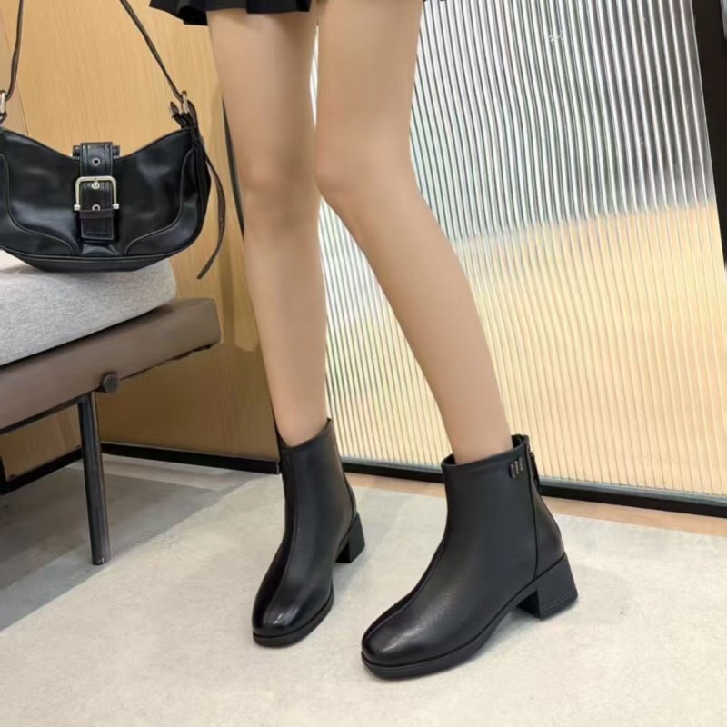 冰洁女鞋2025冬季新款真皮中跟粗跟马丁靴加绒棉靴短筒靴16-1362,女鞋,马丁靴,淘宝优惠券,粉丝福利购,淘宝优惠卷