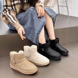 冰洁女鞋2023冬季新款真皮平底圆头INS雪地靴短筒靴加绒棉靴1303