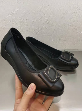 冰洁女鞋2022春夏新款真皮平跟坡跟单鞋圆头中老年妈妈鞋125669-9