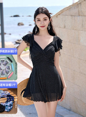 2025新款成人连体泳衣女泡温泉高级性感保守显瘦遮肚子游泳装裙