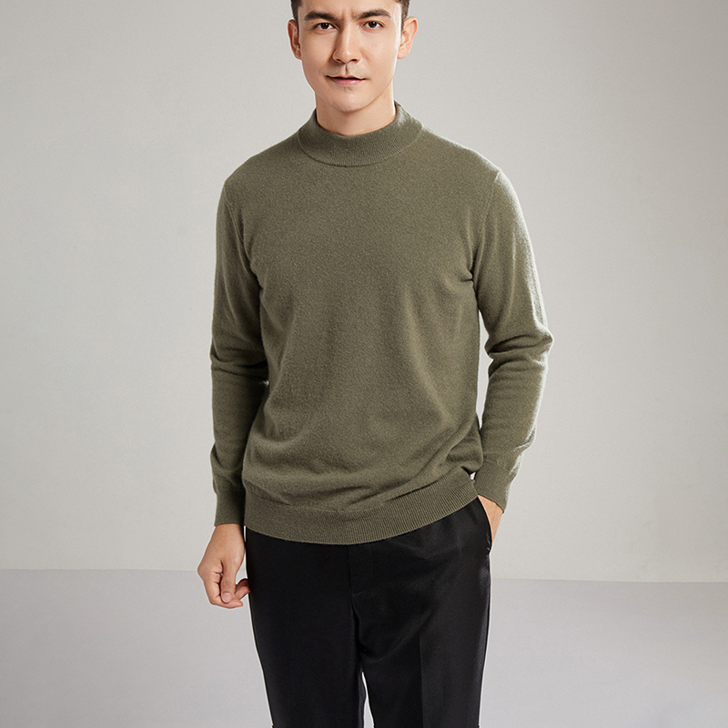 军绿色男士羊绒半高领羊绒衫修身男士高端针织羊绒衫圆领毛衣男潮