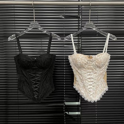 美式性感辣妹修身鱼骨吊带背心2025春夏季纯欲风蕾丝绑带收腰抹胸