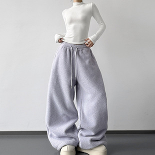 紫色摇粒绒裤子女冬季新款加绒加厚休闲宽松保暖加长爵士舞裤子