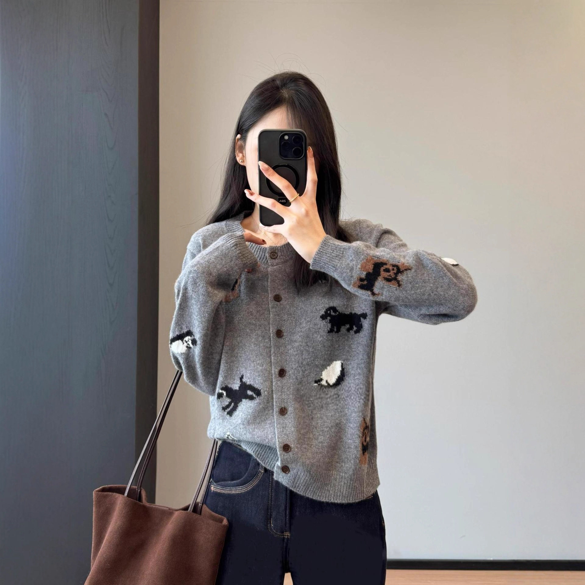 小狗环游记~100纯羊毛减龄卡通提花针织衫毛衣外套女早春新款