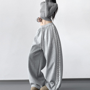 冬季直筒裤蕾丝休闲运动卫裤女士裤子阔腿裤冬款加绒长裤爵士舞裤
