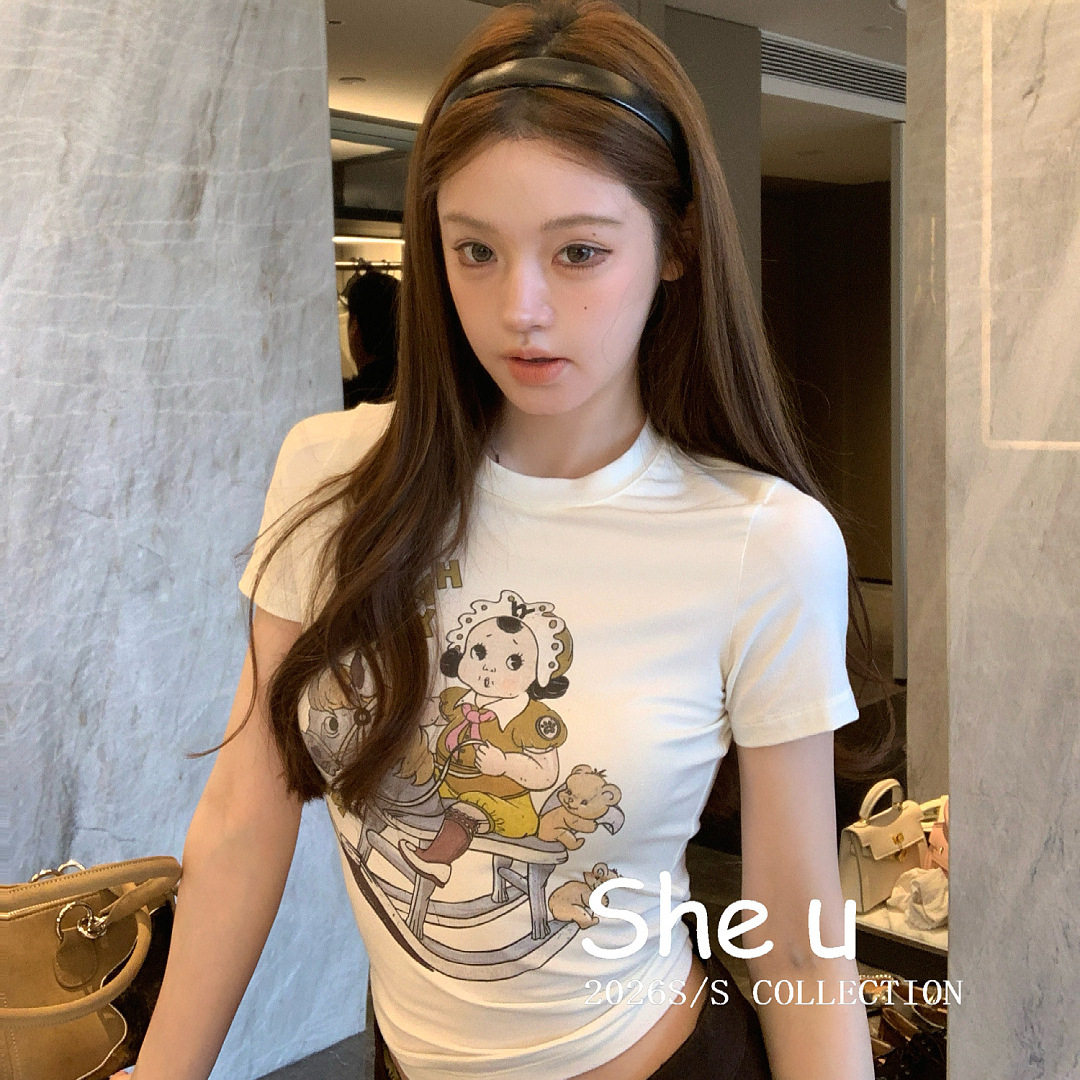 纯欲甜辣风木马卡通T恤2026早春新款百搭修身短袖上衣